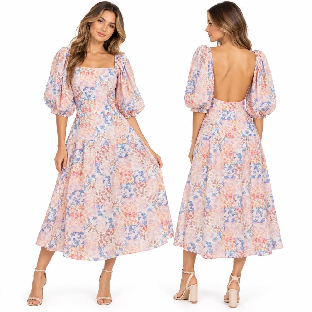NWT ATOIR Size 2 Floral Midi Dress Pink Blue White Cottagecore Vacation Colorful